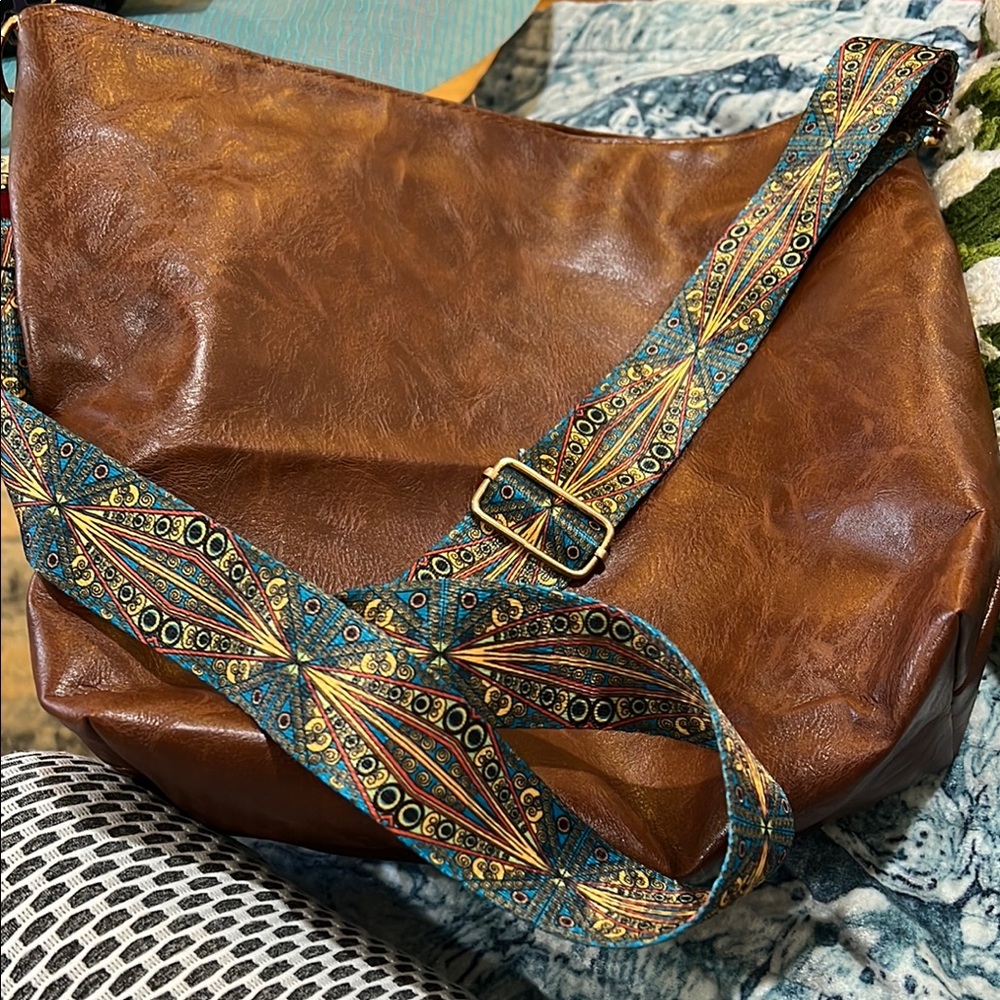 Brown Leather Shoulder Bag with Patterned Strap